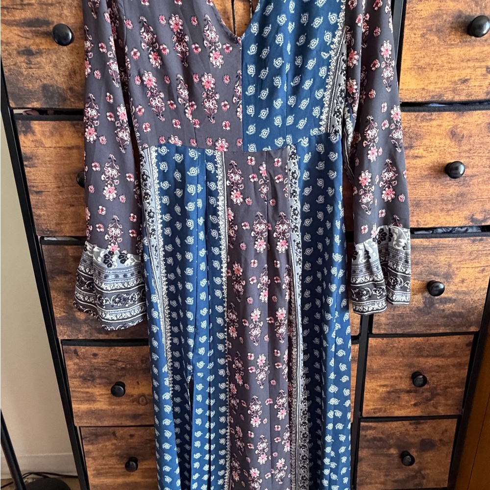 Lulu's Floral Long Sleeve Maxi Dress - Blue and Black